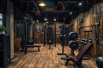 A large and well-equipped gym filled with a variety of exercise machines and equipment for strength training and cardio workouts, A rustic styled gym with wood finishing, AI Generated - obrazy, fototapety, plakaty