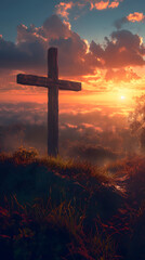 Serene Sunset at a Cross amidst Blossoming Wildflowers