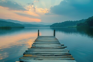 A long dock stretches out across a serene lake, framed by a cloudy sky, A rustic, wooden fishing...