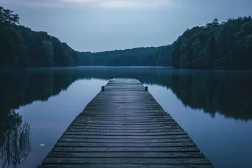 Muurstickers Wooden Dock in the Middle of a Lake, A rustic, wooden fishing pier stretching out into a serene lake at dusk, AI Generated © Iftikhar alam