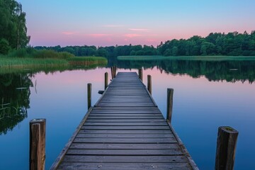 A wooden dock extends over calm and clear lake waters surrounded by serene natural surroundings, A rustic, wooden fishing pier stretching out into a serene lake at dusk, AI Generated - obrazy, fototapety, plakaty