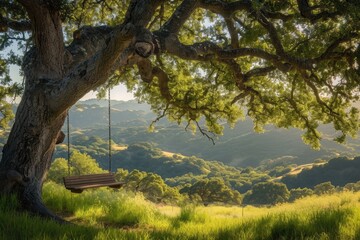 A tall, sturdy tree with a swing hanging from one of its branches in a spacious green park, A rustic wooden swing hanging from a large oak tree overlooking a serene valley, AI Generated