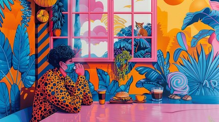 Colorful illustration of a man in deep thought at a café table, surrounded by an exotic, tropical-themed interior.