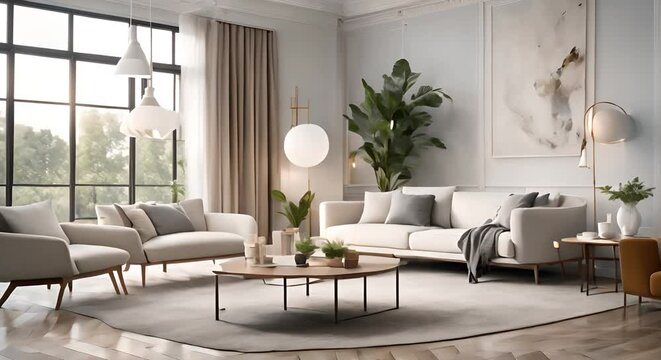 Modern interior design of scandinavian apartment living room with white sofa dining room and hall 3d animation rendering
