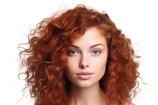 Portrait of young beautiful curly woman isolated on transparent background.