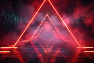 Abstract black red gaming background with modern luxury grid pattern retro vapor synthwave smoke fog, neon red light ray and triangle stripes line.