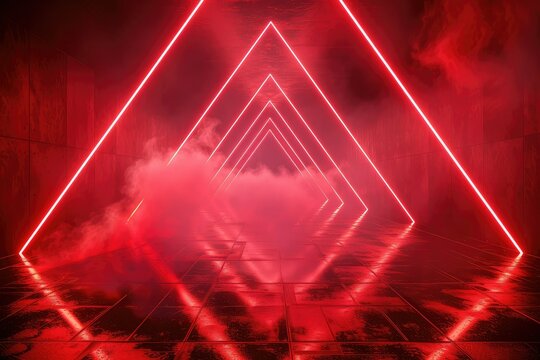 Abstract black red gaming background with modern luxury grid pattern retro vapor synthwave smoke fog, neon red light ray and triangle stripes line.