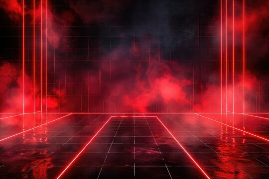 Abstract black red gaming background with modern luxury grid pattern retro vapor synthwave smoke fog, neon red light ray and triangle stripes line.