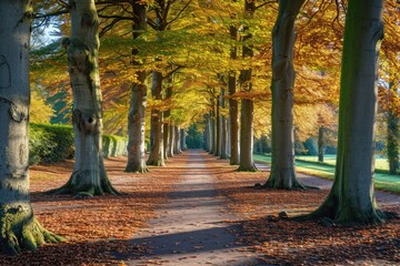 Pathway Lined With Tall Trees in a Park, A scenic view of an avenue filled with beech trees in a city park, AI Generated