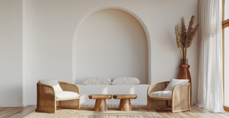 Modern interior design with a wooden arch and rattan armchairs on a white wall background. Home decor mockup concept - obrazy, fototapety, plakaty