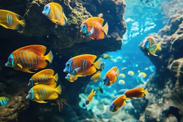 Naklejka na ściany i meble A large group of fish swim together in an aquarium, creating a dynamic and captivating underwater scene, A school of brightly colored tropical fish darting around an underwater canyon, AI Generated