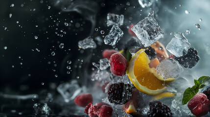 Dynamic Splash of Ice and Fresh Berries with Citrus Segments