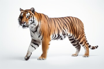 A magnificent tiger strides gracefully with striking orange and black stripes, isolated on white.