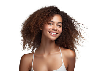 Gorgeous woman with voluminous curly hair and a beaming smile, wearing a white tank top against transparent background
