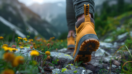 Fototapeta premium Close-Up of Hiker's Foot on a Mountain Trail Surrounded by Flowers
