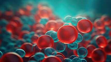 Red blood cells flowing on green background in scientific abstraction. Health and medicine concept. - obrazy, fototapety, plakaty