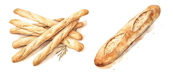Watercolor French bread baguettes and grissini