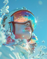 An astronaut helmet with iridescent colors featuring futuristic design elements and abstract sense of exploration