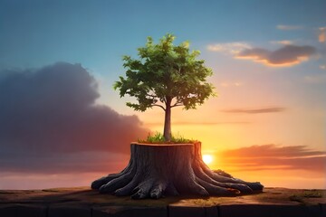 Realistic Young tree emerging from old tree stump with sun light. Reborn of old tree. New Life concept or New growth, new beginning concept. Symbolic business development - obrazy, fototapety, plakaty