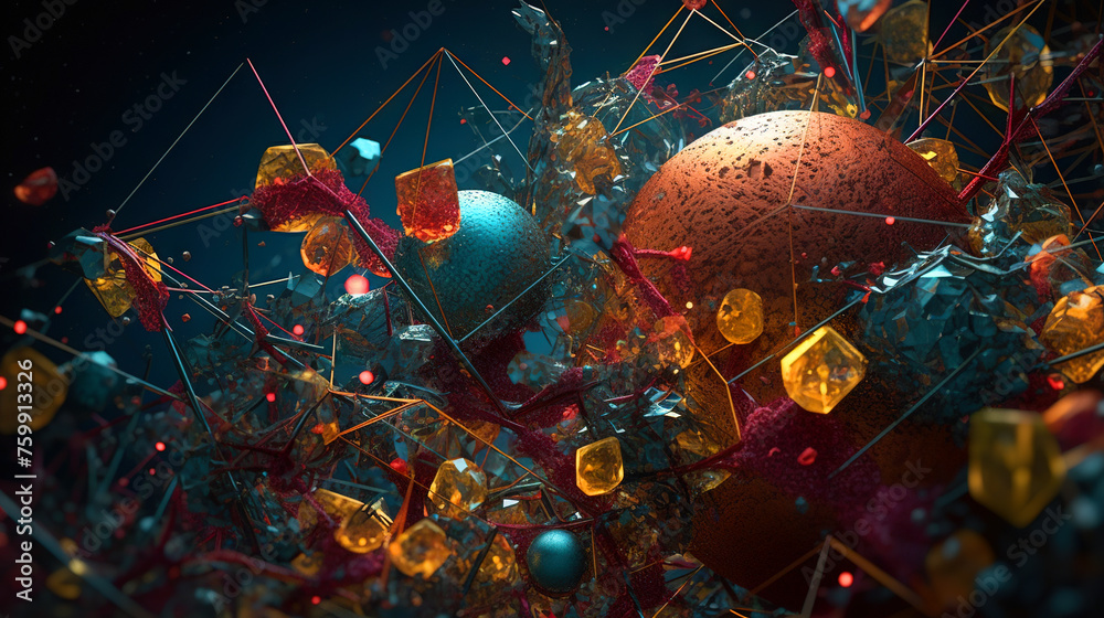 Poster Abstract scientific concept with connected cells and particles. Science microscopic background.
