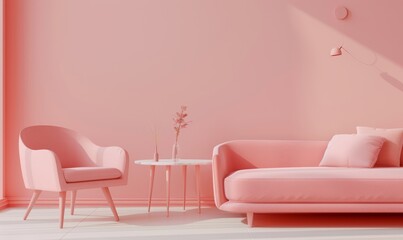 3D rendering of a pink minimal living room interior with a sofa and armchair on a pastel background