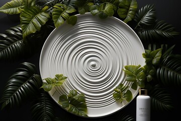 White round tray for products display with beautiful leaves