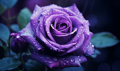 Beautiful purple rose with water drops on petals, close up
