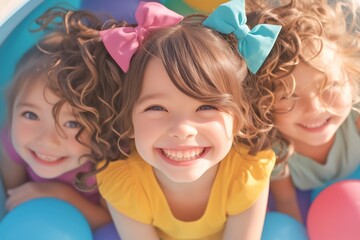 Fototapeta na wymiar portrait of happy little kids in ball pit having fun in children play center