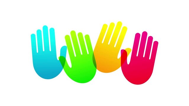 Animation with colorful handprints concept. Blue, green, yellow and red handprint shape with palm, fingers and thumb silhouette. 