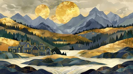 Gordijnen A serene, stylized illustration depicting a golden-hued mountain landscape with a flowing river under a full moon. © soysuwan123