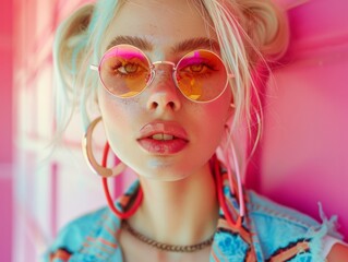 A portrait of a woman with eclectic accessories, set against a striking pink theme, embodies modern, pop fashion