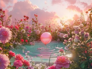 Fototapeta na wymiar An enchanting, surreal garden with a vibrant pink balloon surrounded by an array of colorful flowers
