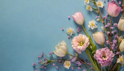 Flores de primavera sobe fondo azul, con copy space - obrazy, fototapety, plakaty