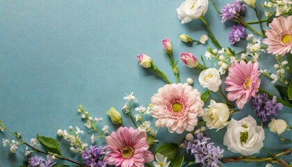 Flores de primavera sobe fondo azul, con copy space - obrazy, fototapety, plakaty