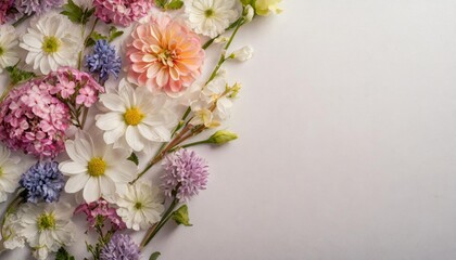 Flores de primavera sobe fondo blanco dibujando un marco, con copy space
