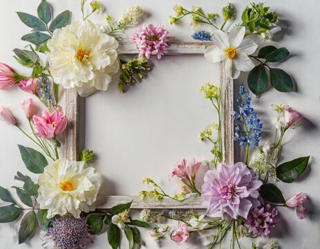 Flores de primavera sobe fondo blanco dibujando un marco, con copy space