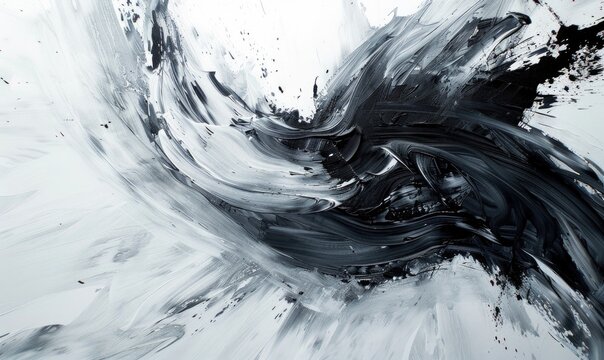 A brush glides across a white canvas. Black, gray and white dramatic strokes. Abstract background.