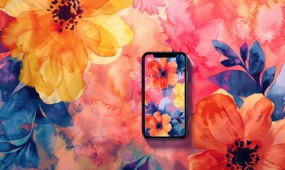 Artistic smartphone mockup against a vibrant watercolor floral seamless background