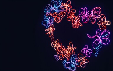 Multicolor neon light drawing, abstract heart shape flowers on black background.