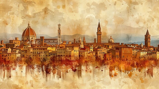 Artistic watercolor painting featuring iconic European city skylines blended in a vibrant and colorful abstract style.