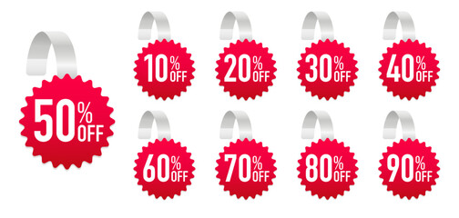 Advertising wobbler labels. Realistic wobblers for sale with discount sale and special offer price tag. Discount 10, 20, 30, 40, 50, 60, 70, 80, 90 percent sale label symbols. Vector illustration