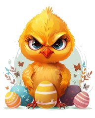 Grumpy chick with easter eggs - cute festive spring illustration