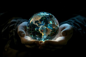 Energy saving concept. Earth at night was holding in human hands. Hands holding circular globe of Earth.
