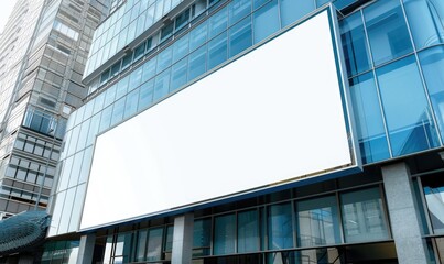 Blank screen banner mockup displayed on the modern building facade. Close Up view.