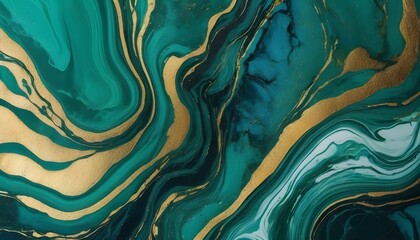 Abstract paint liquid backdrop with green marble veins that are tinged with gold. marble surface textured in shades of green and gold. Abstract painted wavy marble background in dark green and blue.