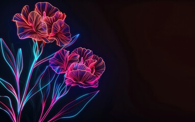 Obraz premium Neon canation flowers light drawing on black background.