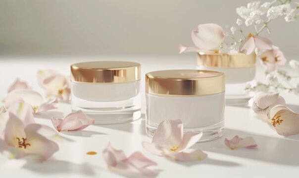 Two creme jar blank mockups adorned with delicate flower petals