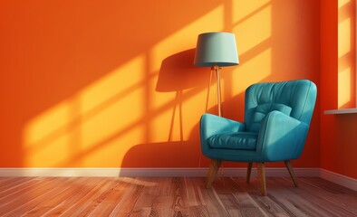 3D rendering of a turquoise armchair and blue chair with a lamp on a wooden floor in a room with...