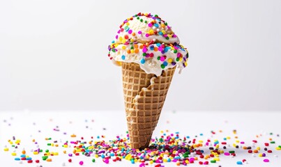Ice cream cone with sprinkles on white background