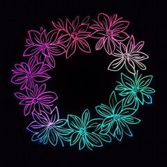 Neon flower wreath light drawing on black background.